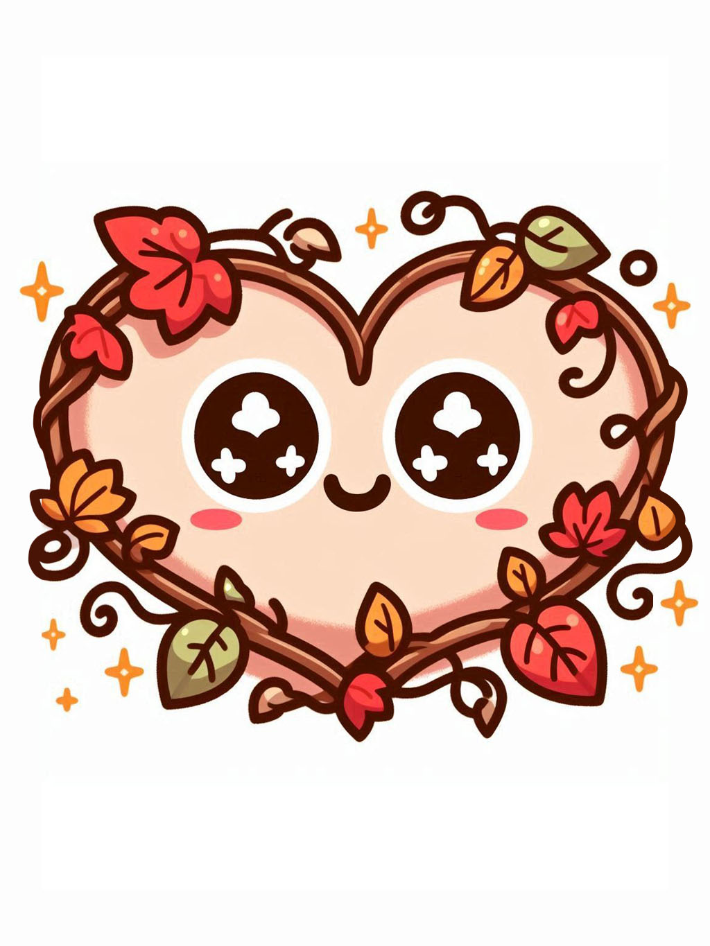 Thanksgiving love drawing ideas featuring a cute heart with a happy face surrounded by an autumn vine with colorful leaves and small twinkling stars.